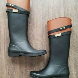 WOMENS TOMMY HILFIGER BLACK & BROWN TALL RAIN BOOTS SIZE 6 NWOT